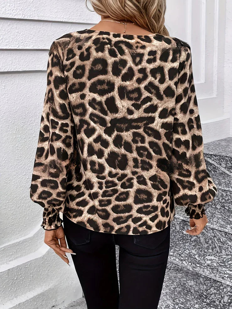 Edna - Blusa de leopardo con cuello en V y manga farol