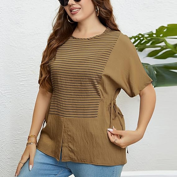 Aubrey - Camiseta de cuello redondo con parches de rayas para mujer