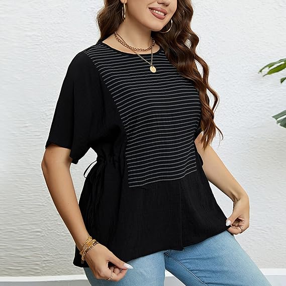 Aubrey - Camiseta de cuello redondo con parches de rayas para mujer