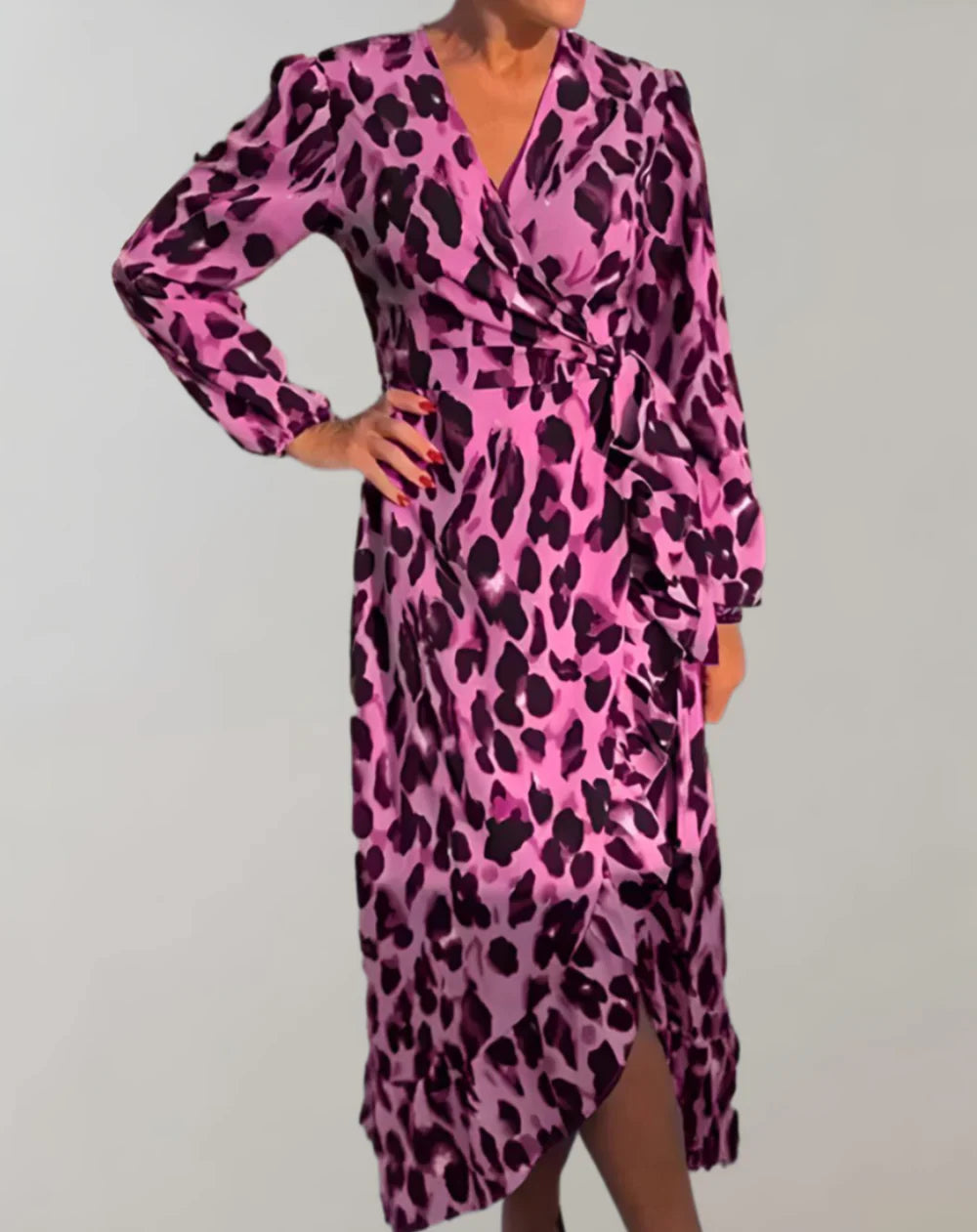 Ingrid - Vestido estampado de leopardo de manga larga