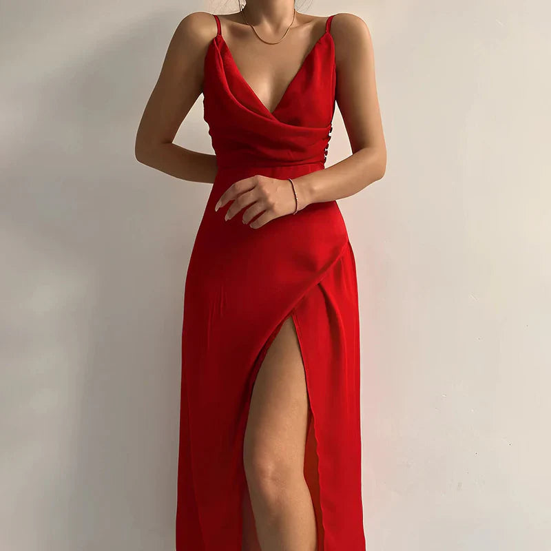 Audra - Elegantes Kleid mit tiefem V-Ausschnitt und hohem Schlitz